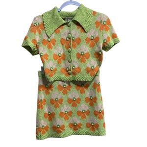 Zara Retro Mod Floral Knit Two-Piece Set Green/Orange/Pink – Size S